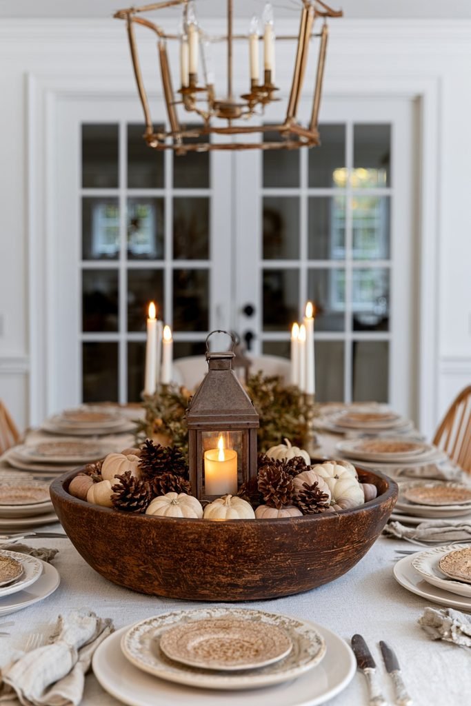 Deep vintage dough bowl with pumpkins, pinecones, dried greenery, and a glowing lantern centerpiece.