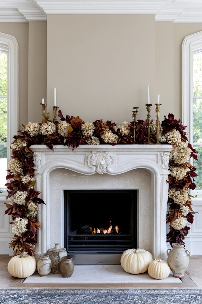 French country fireplace with a cascading dried hydrangea and autumn leaf garland, cream pumpkins, and antique brass accents.