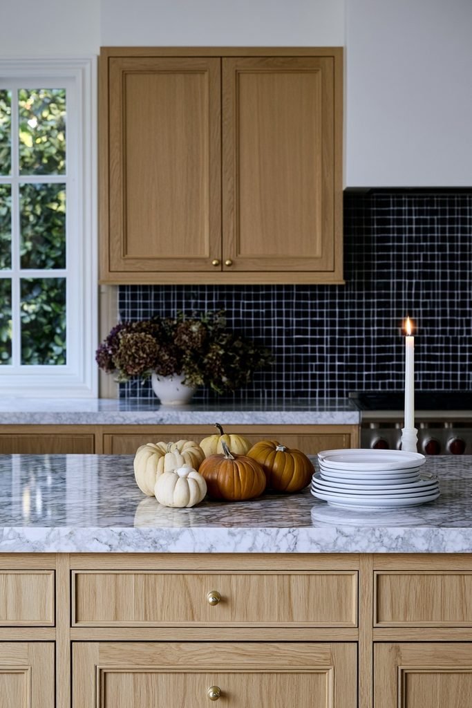 Small cluster of cream and terracotta ceramic pumpkins styled on a kitchen island for fall