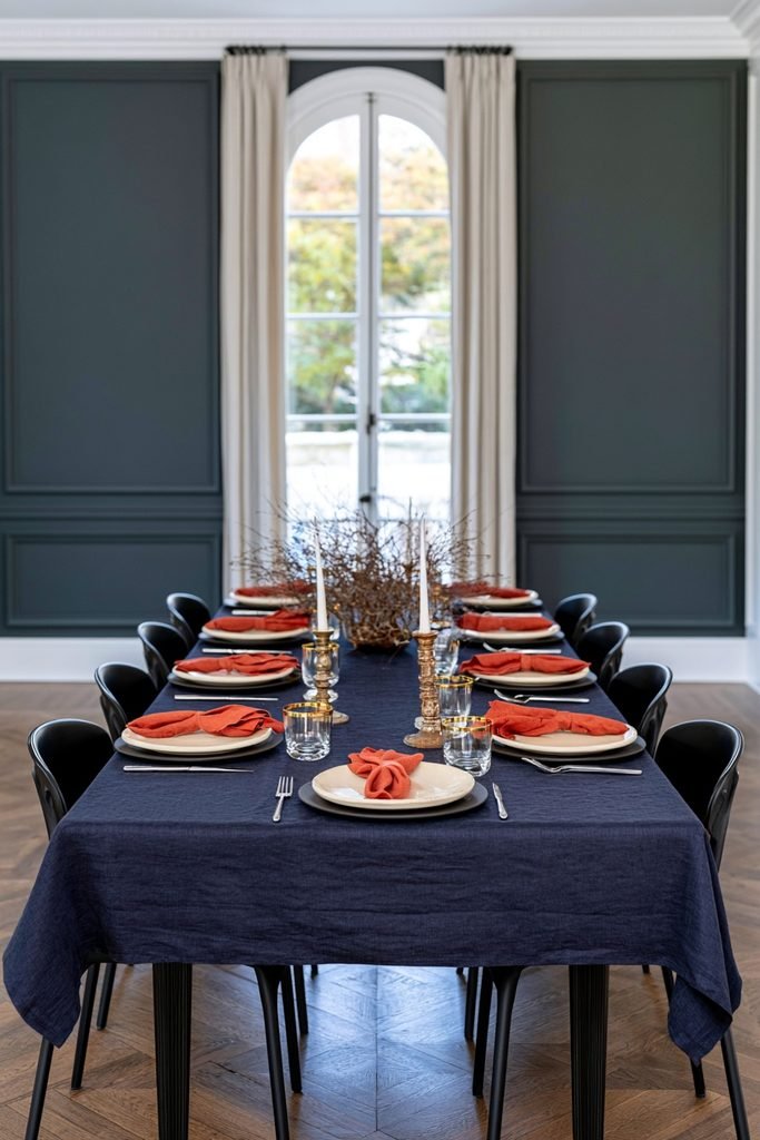 Brass candlesticks and dried branches on a navy linen tablecloth with full place settings