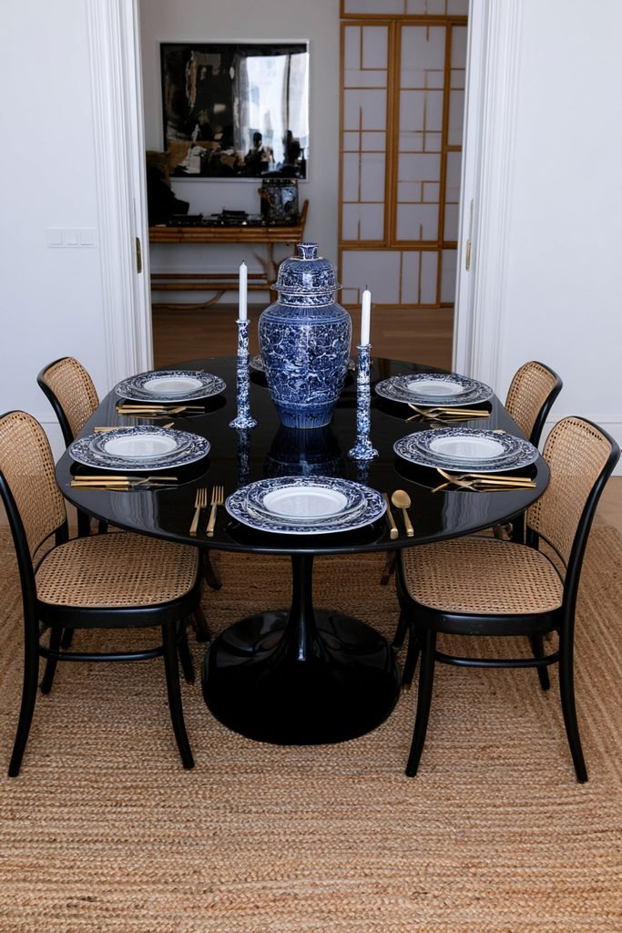 Blue and white chinoiserie dinnerware set with gold flatware on a dining table