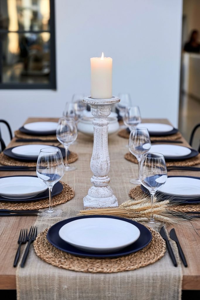 Whitewashed wood candle holder with a pillar candle on a rustic fall dining table