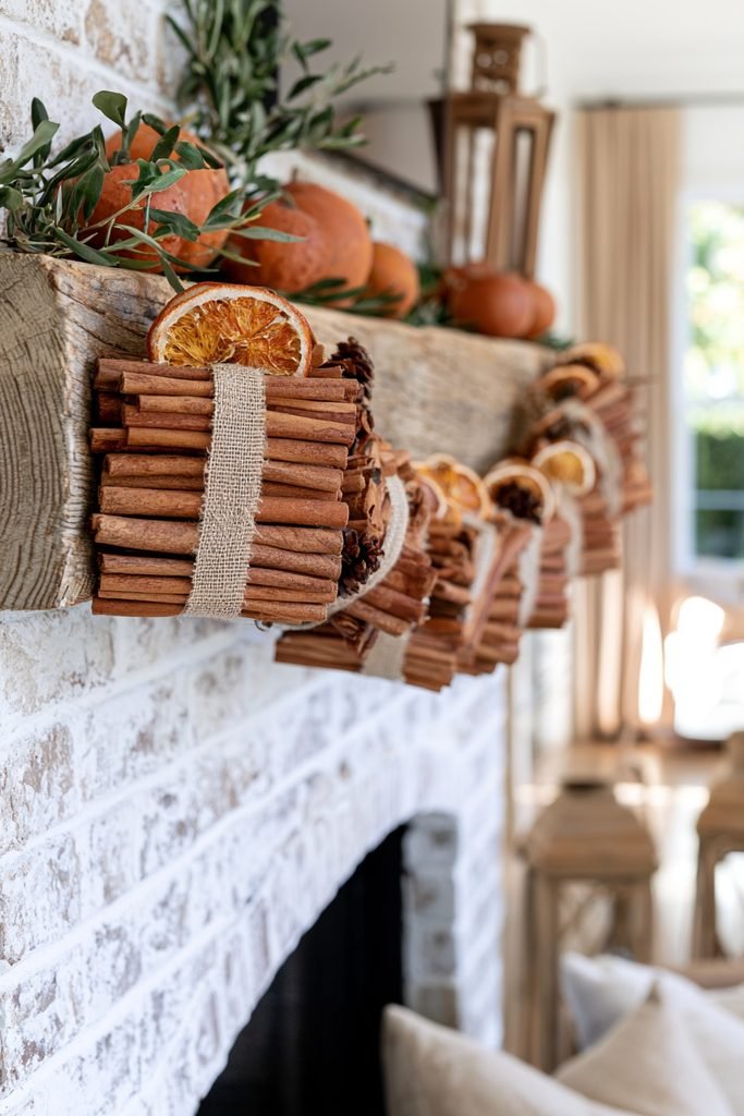 Whitewashed brick fireplace decorated with a cinnamon stick and burlap garland, dried orange slices, pinecones, and terracotta pumpkins.