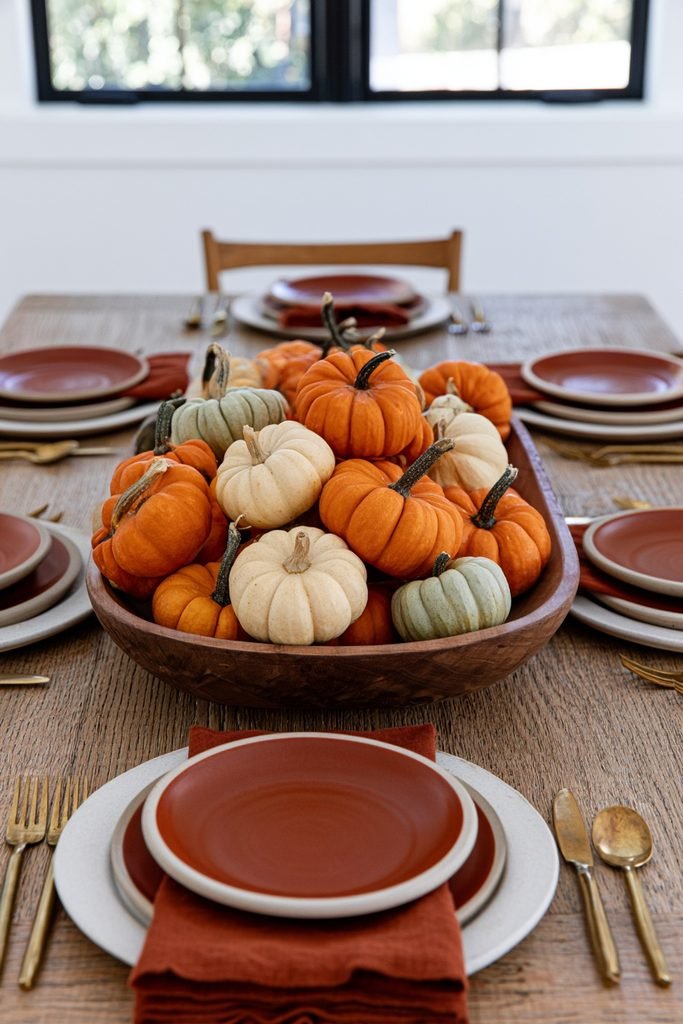 Rustic wooden dough bowl filled with colorful mini pumpkins and gourds as a fall dining table centerpiece.