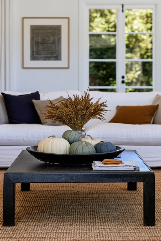 Antique-style dough bowl filled with muted cream, green, and blue pumpkins on a cozy fall coffee table.