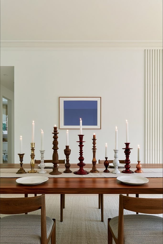 Mismatched thrifted candle holders with copper accents on a fall table