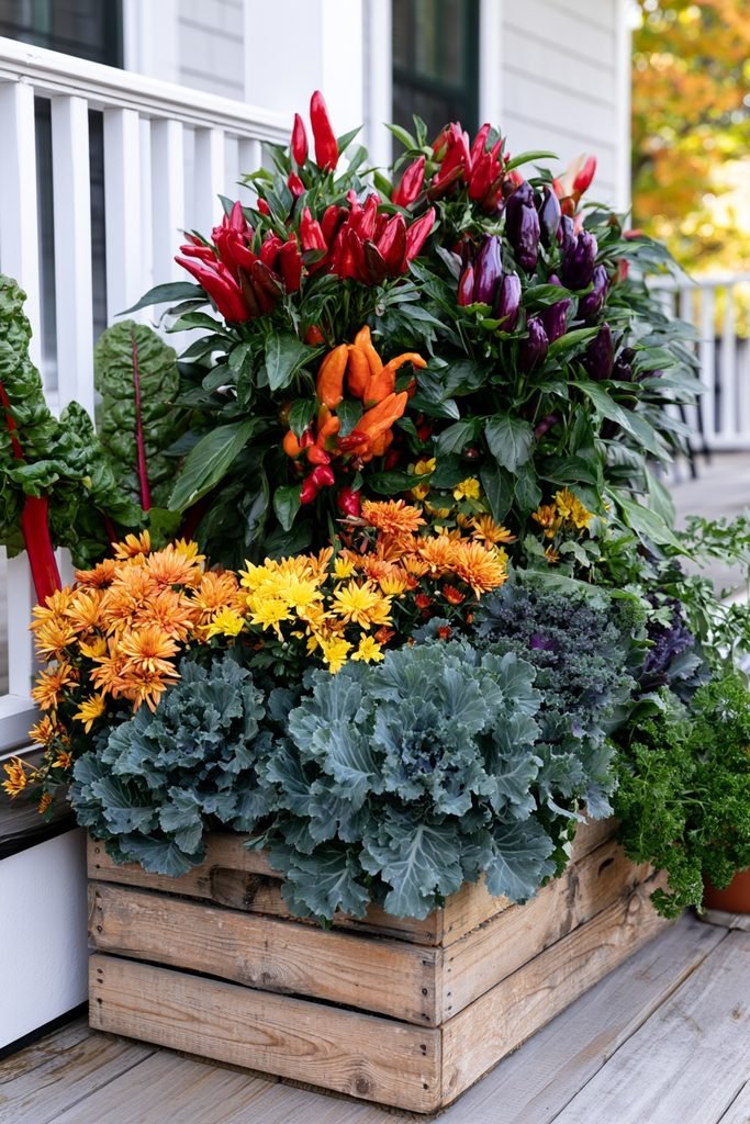 Rustic fall planter with chrysanthemums, ornamental kale, and colorful peppers in a harvest-edible garden display