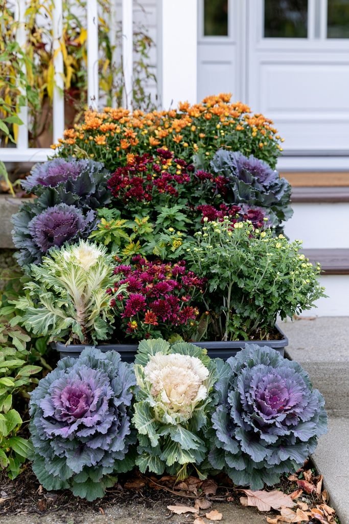 Colorful fall planter combining blooming mums with ornamental flowering kale and cabbage