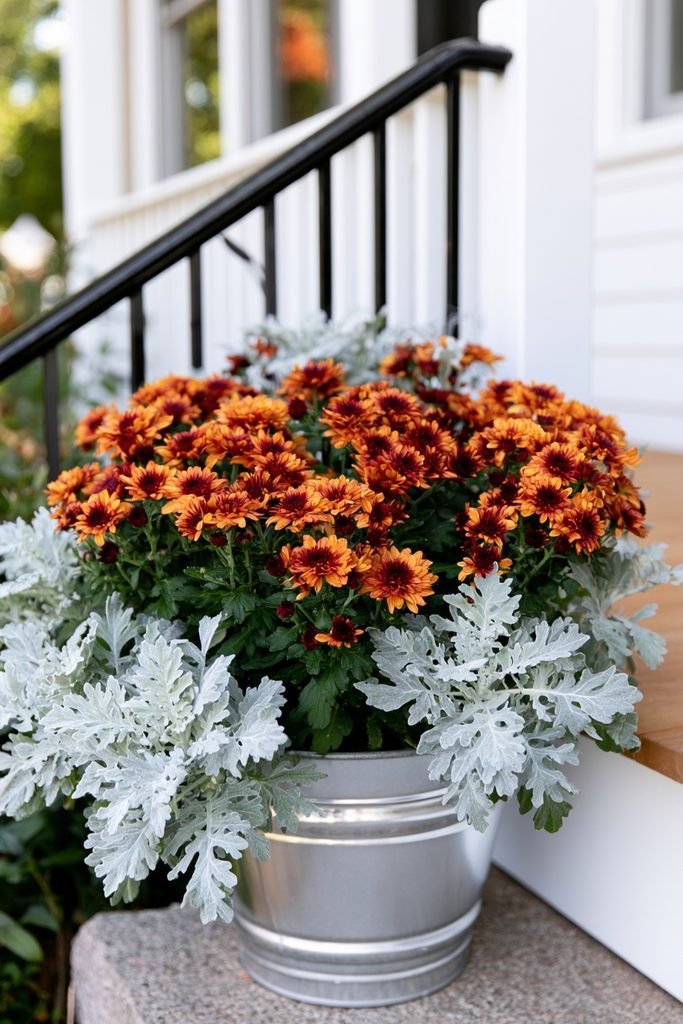 Orange and burgundy mums surrounded by silvery dusty miller foliage in a colorful fall porch planter