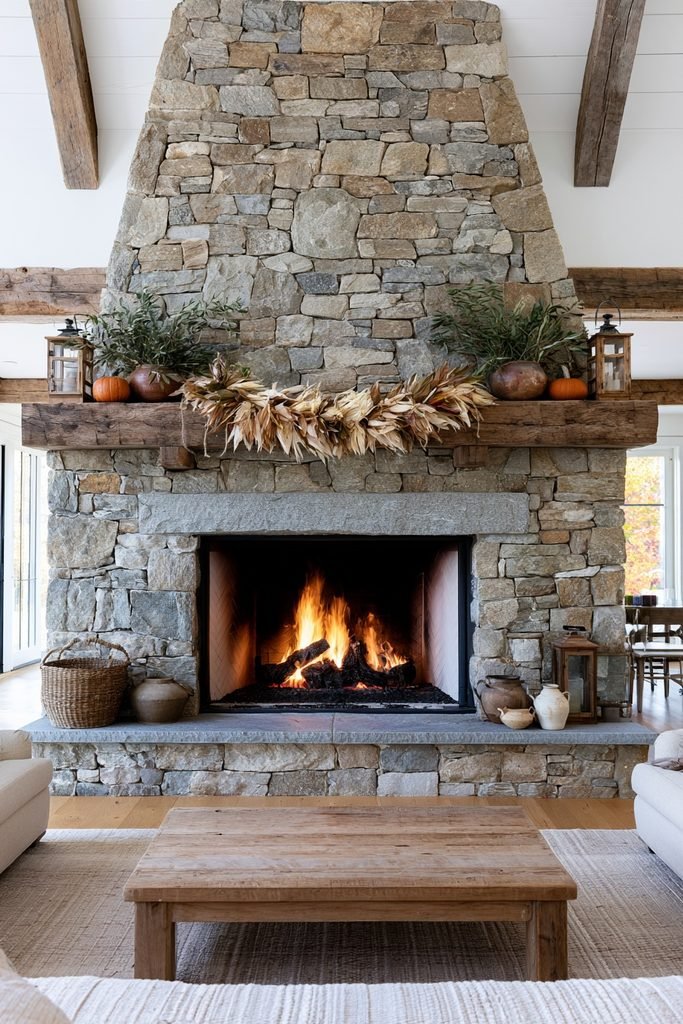 Floor-to-ceiling fieldstone fireplace decorated with a natural corn husk garland, terracotta pumpkins, olive branches, and wooden lanterns.