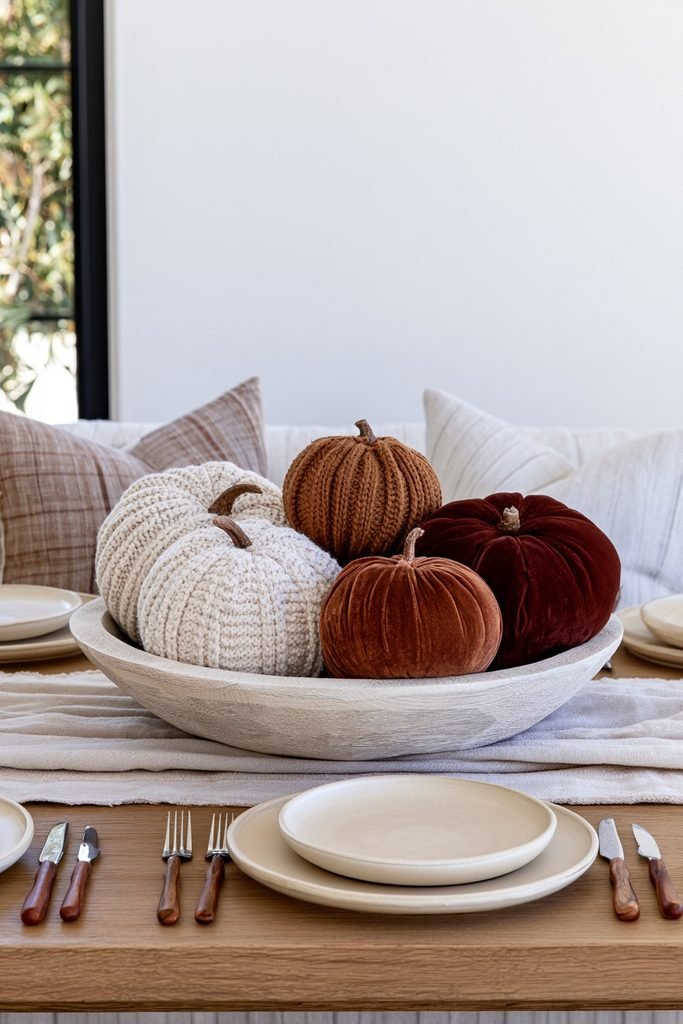 Cozy knit and velvet sweater pumpkins arranged in a wooden dough bowl on a fall dining table.