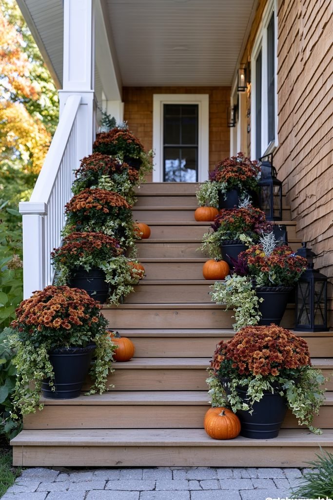 Tiered fall planters arranged along porch steps with orange mums, greenery, small pumpkins, and black lanterns.