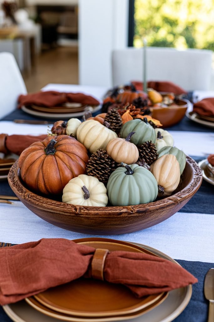 Carved round wooden dough bowl filled with affordable faux pumpkins, gourds, pinecones, and fall fillers