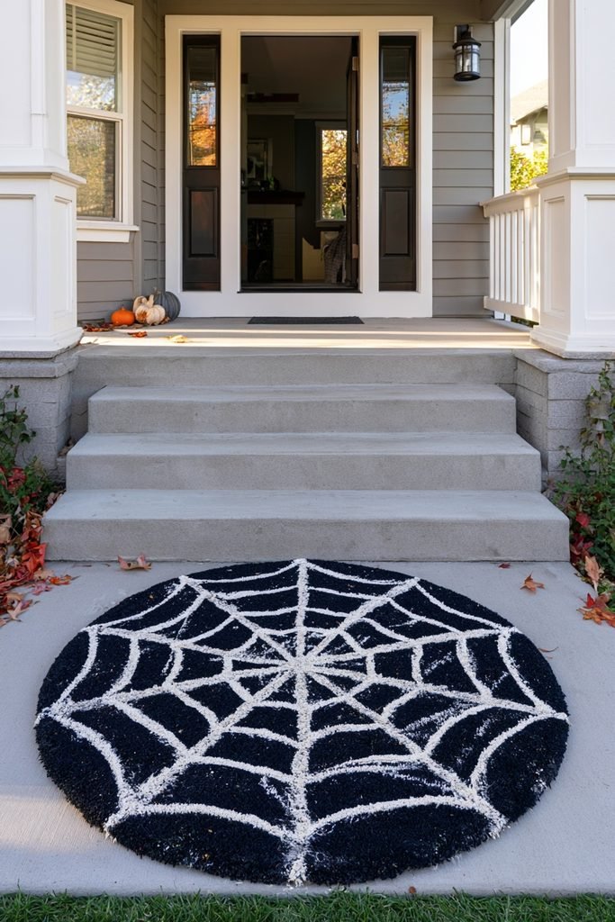 Black doormat decorated with a hand-painted white spiderweb for Halloween.