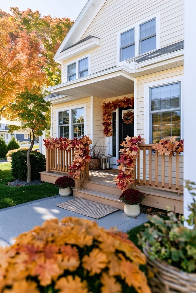 Colorful autumn leaf garland draped across a front porch railing with mums, lanterns, and fall wreath decor.