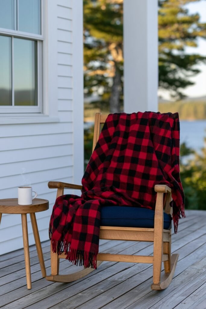 Plaid throw blanket draped over a porch rocking chair