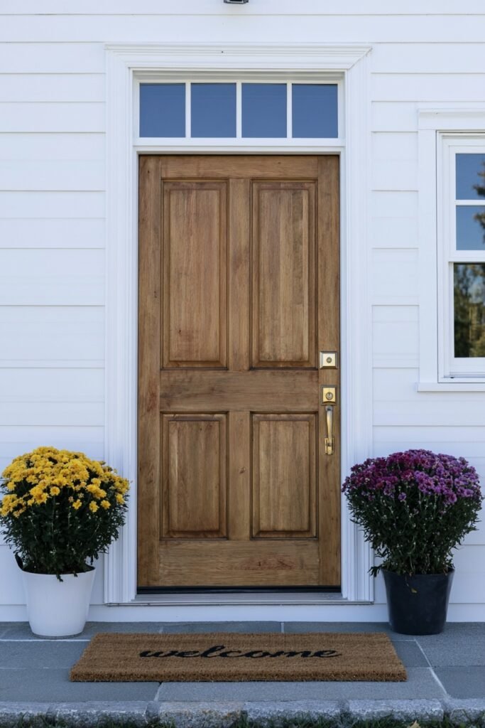Farmhouse fall porch entry with a seasonal doormat and potted mum by the front door