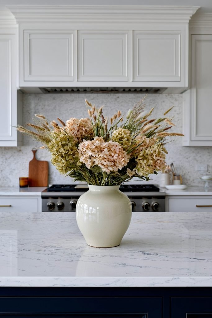 Dried hydrangeas and pampas grass in a stoneware vase on a modern kitchen counter