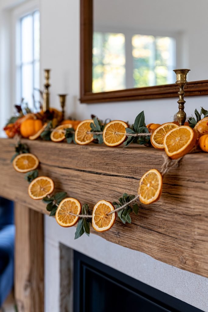 European limestone fireplace mantel decorated with dried orange and bay leaf fall garland, cream pumpkins, and brass candlesticks.