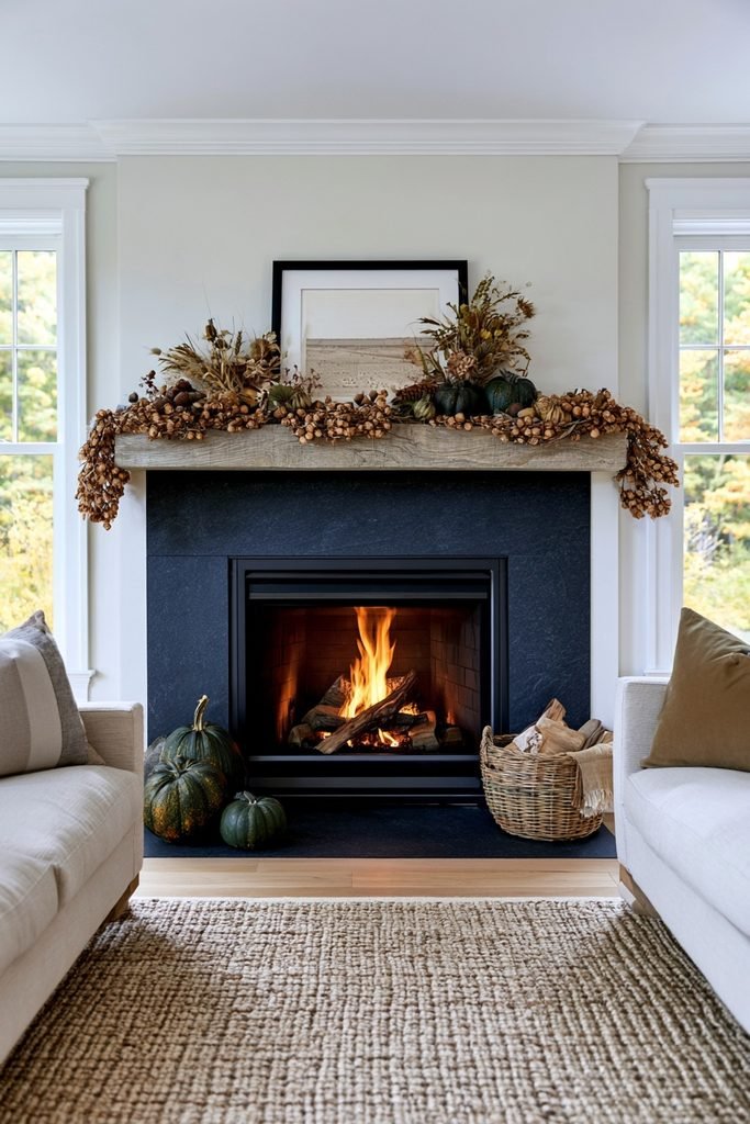 Soapstone fireplace mantel featuring a natural potpourri bead garland, green heirloom pumpkins, dried florals, and aged brass accents.