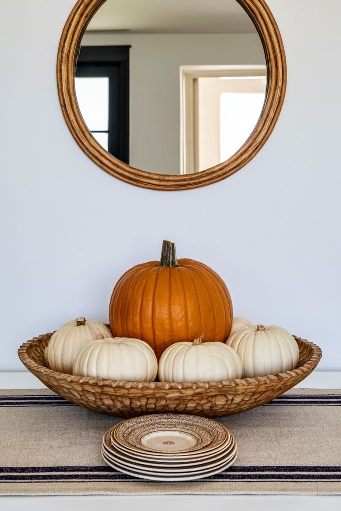 Whitewashed square dough bowl with a large heirloom pumpkin and small fall pumpkins on an entry table.