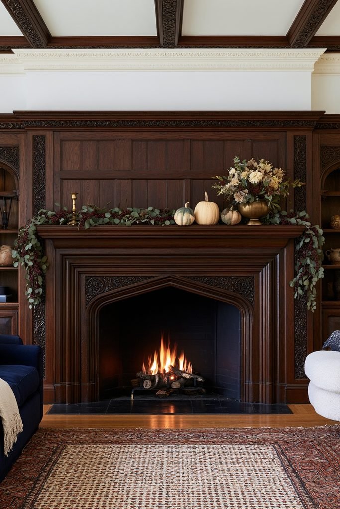 Tudor-style dark oak fireplace decorated with eucalyptus and burgundy berry garland, sage pumpkins, cream florals, and antique brass.