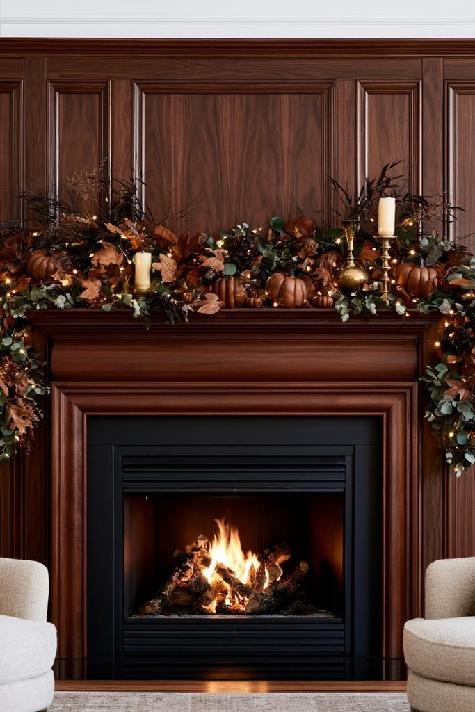 Dark walnut paneled fireplace decorated with an autumn leaf and eucalyptus garland illuminated by warm fairy lights, mocha pumpkins, and brass accents.