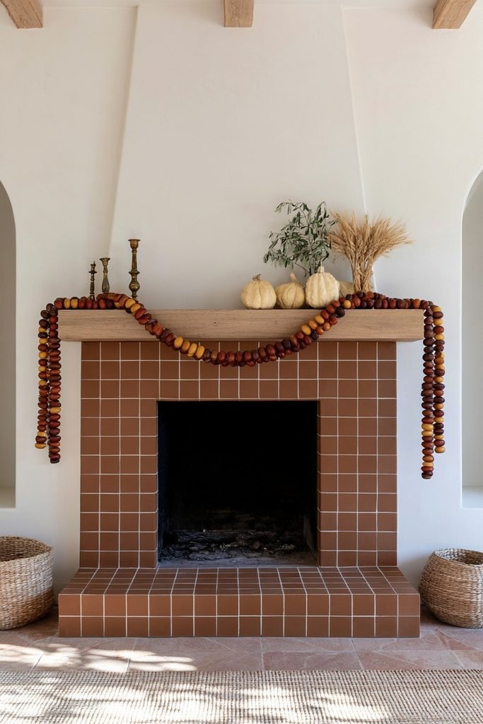 Terracotta tile fireplace with a burnt orange, mustard, and brown wood bead garland, cream gourds, dried wheat, and olive branches.