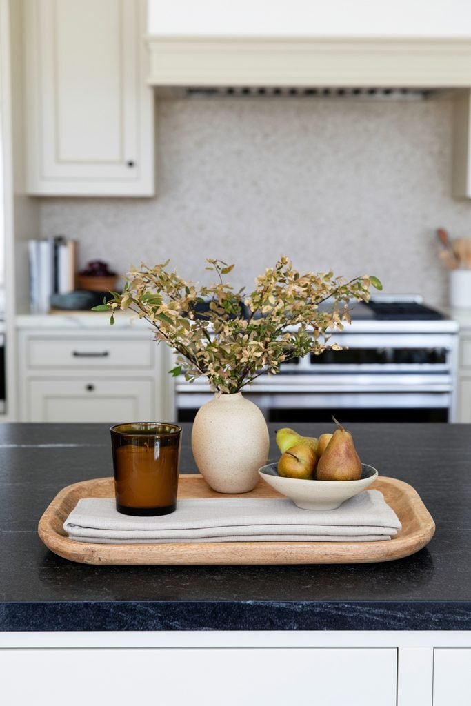 Round wood tray with ceramic bowls and a mini pumpkin styled on a modern kitchen island