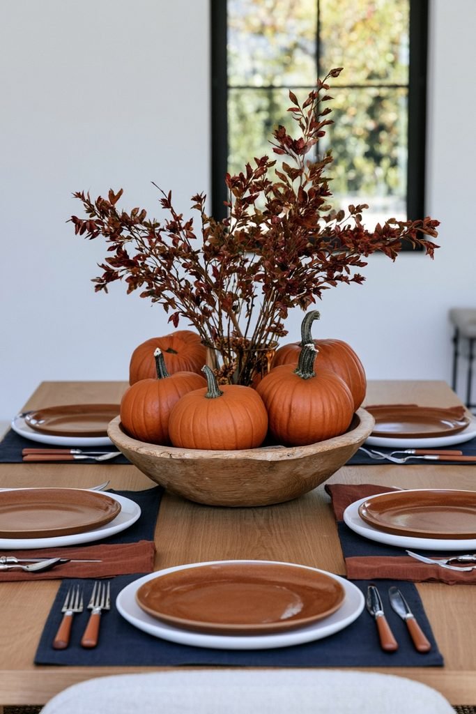 Live-edge dough bowl with pumpkins and layered faux branches creating a natural fall centerpiece.