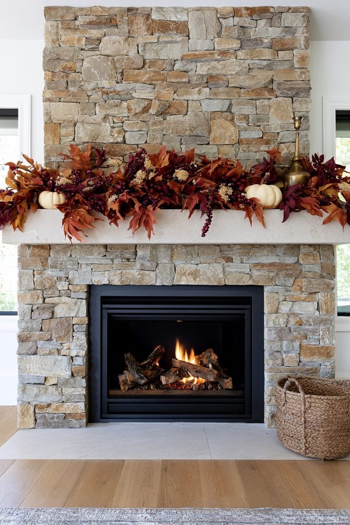 Floor-to-ceiling stone fireplace decorated with a lush autumn floral garland, cream pumpkins, burgundy foliage, and brass accents.