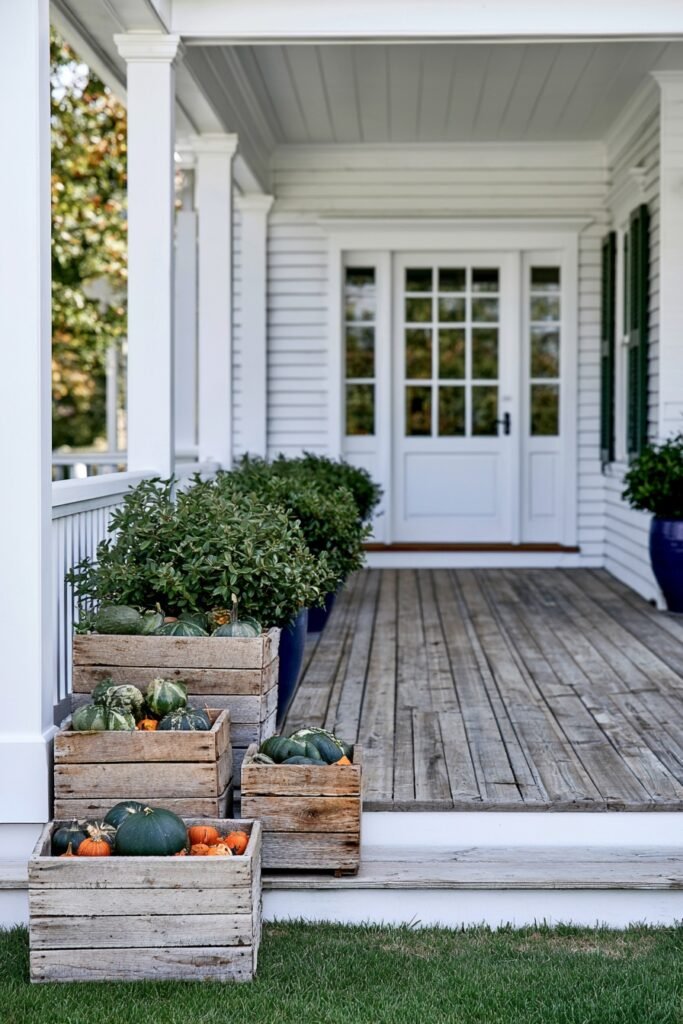 Farmhouse fall porch railing lined with wooden crates filled with gourds and mini pumpkins