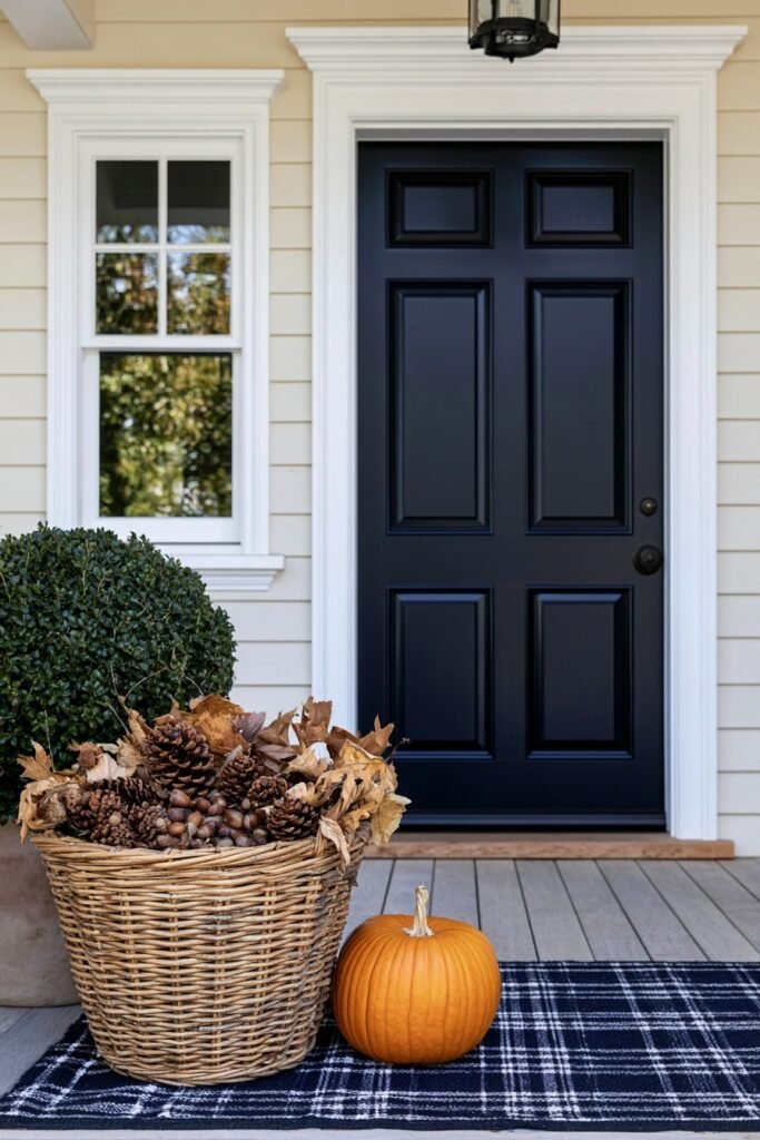 Wicker basket filled with pinecones, acorns, and leaves