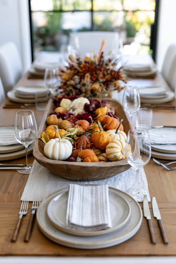 Wooden dough bowl filled with mixed gourds, mini pumpkins and dried florals on a beautifully decorated fall dining table.