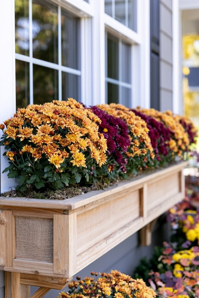 Window box overflowing with colorful fall chrysanthemums, moss, and rustic seasonal details