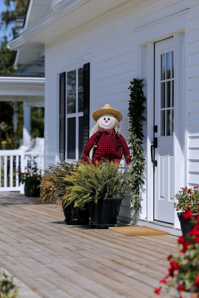 Farmhouse fall porch entry with a harvest scarecrow figure beside potted ferns