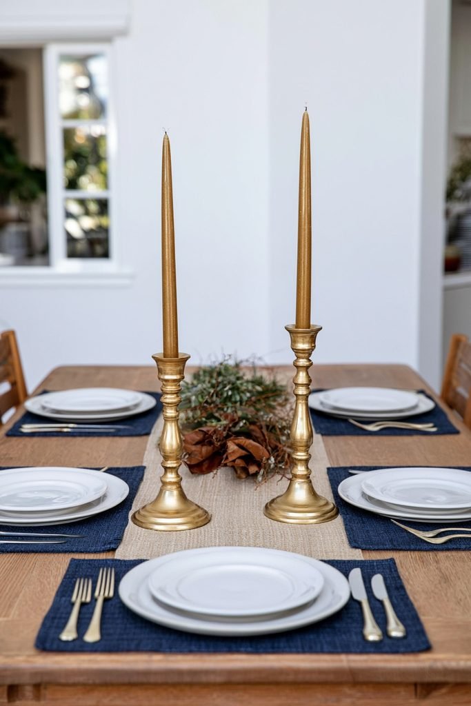 Tall wood taper candlesticks flanking a fall foliage centerpiece