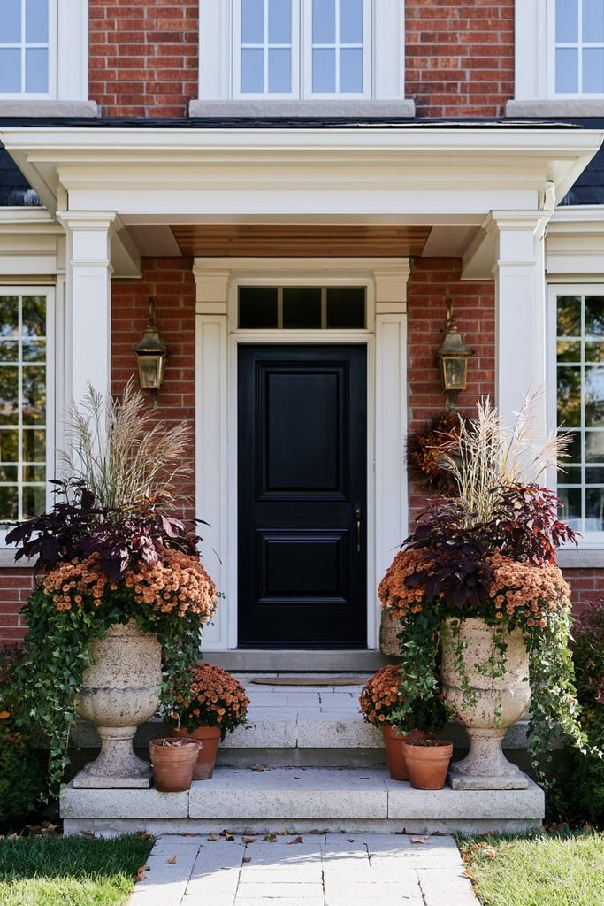 Large stone urns flanking a front door filled with orange mums, burgundy foliage, trailing ivy, and ornamental grasses.