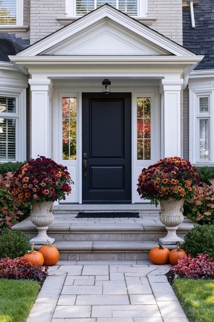 Matching urn planters filled with blooming chrysanthemums framing a festive fall front door