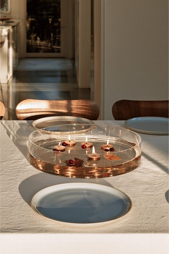 Floating candles in a shallow glass bowl with cranberries for a fall centerpiece