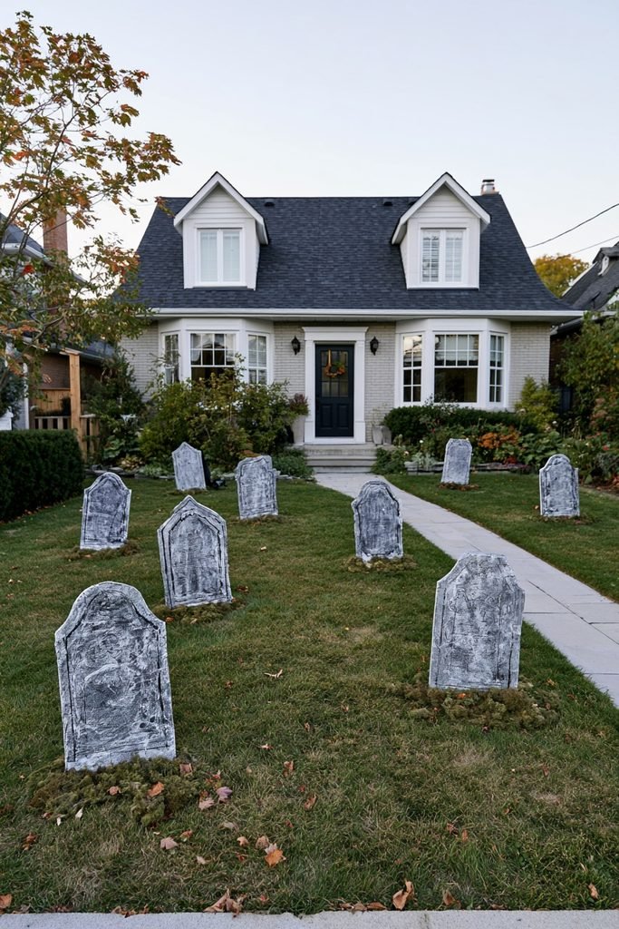 DIY gray foam board tombstones arranged as a Halloween graveyard in a front yard.