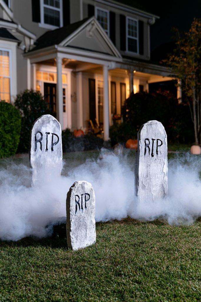 DIY Halloween graveyard with foam tombstones surrounded by low-lying fog on a front lawn.
