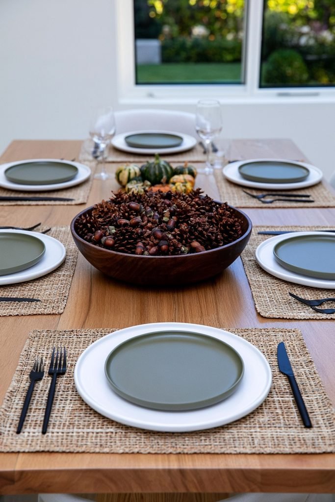 Rustic dough bowl filled with pinecones, acorns, mini pumpkins, and natural fall foliage on a dining table.