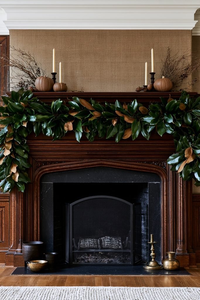 Tudor-style fireplace with a fresh magnolia leaf garland, mocha pumpkins, cream candles, dried branches, and dark wood accents.