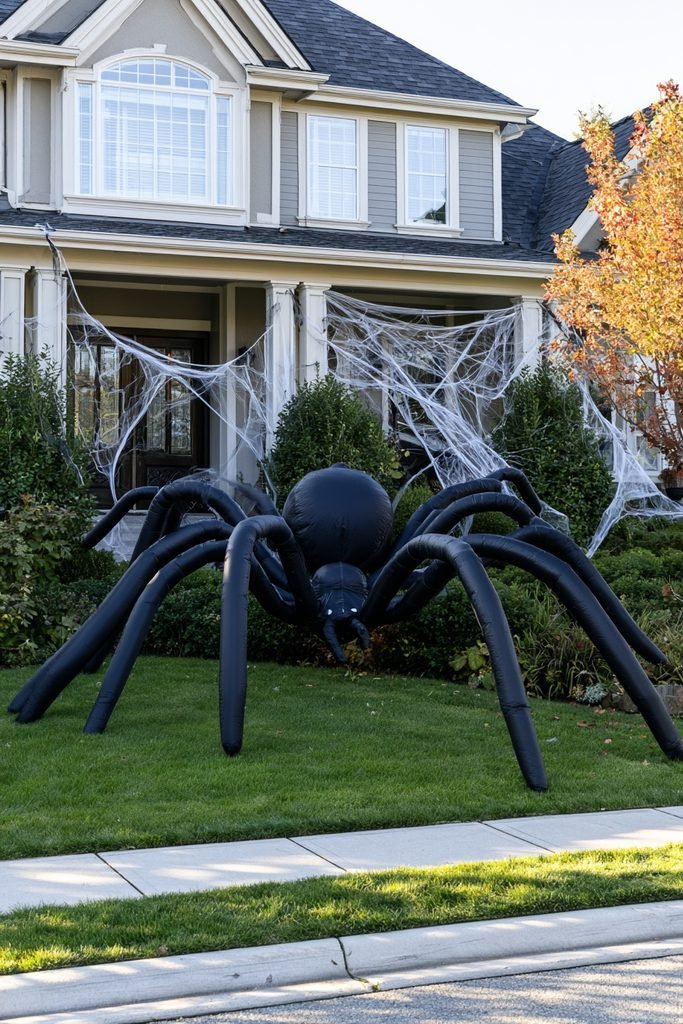 Giant DIY black spider made from pool noodles displayed with a large spiderweb in a front yard.
