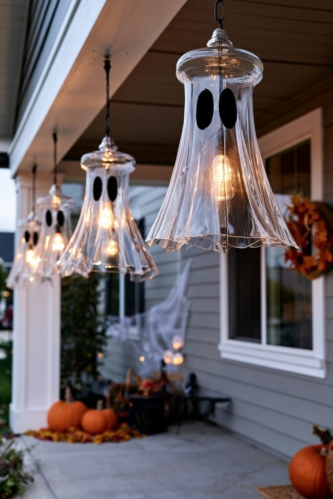 Repurposed glass lampshades transformed into glowing ghost lanterns on a Halloween porch.
