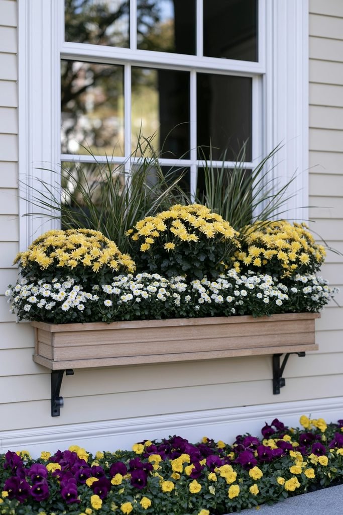 Fall window box with bronze mums, ornamental grass, and white mums and pansies