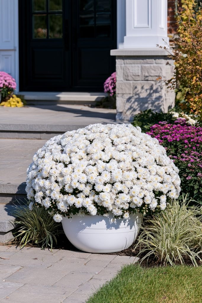 Elegant white chrysanthemum planter with ornamental grass creating a monochromatic fall porch display