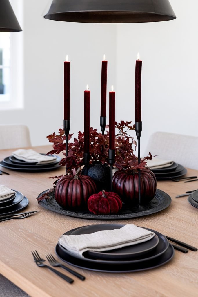 Moody fall tray decor featuring plum glassware, burgundy fabric, oxblood ceramic pears, and deep purple autumn leaves.
