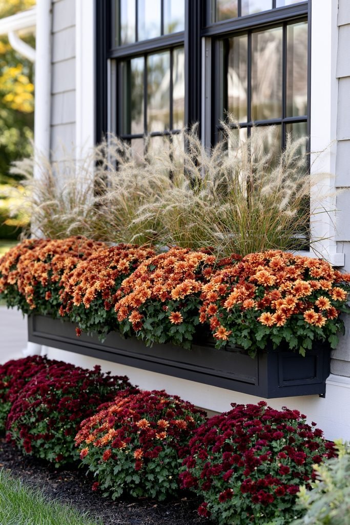 Rust and burgundy mums layered with switchgrass in a fall window box